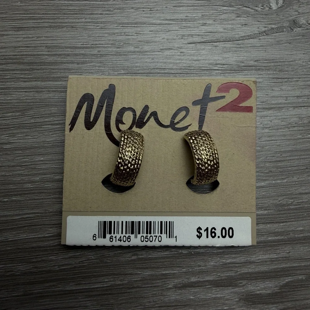 Vintage Monet 2 Clip On Earrings NWT Gold Tone Textured Woven Wide Hoop New